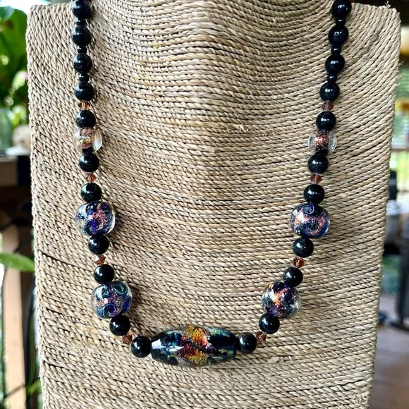 JAM Designs Lampwork Glass Bead Necklace with Dichroic Gold Accents - Picture 2 of 3